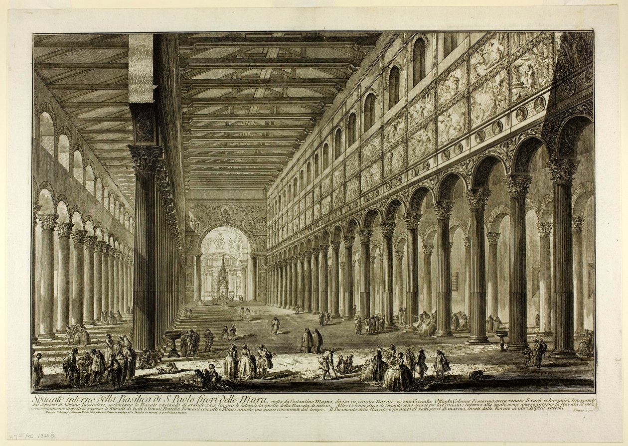 Udskåret udsigt over det indre af basilikaen S. Paolo fuori delle Mura [St. Paul uden for Murene], fra Views of Rome af Giovanni Battista Piranesi