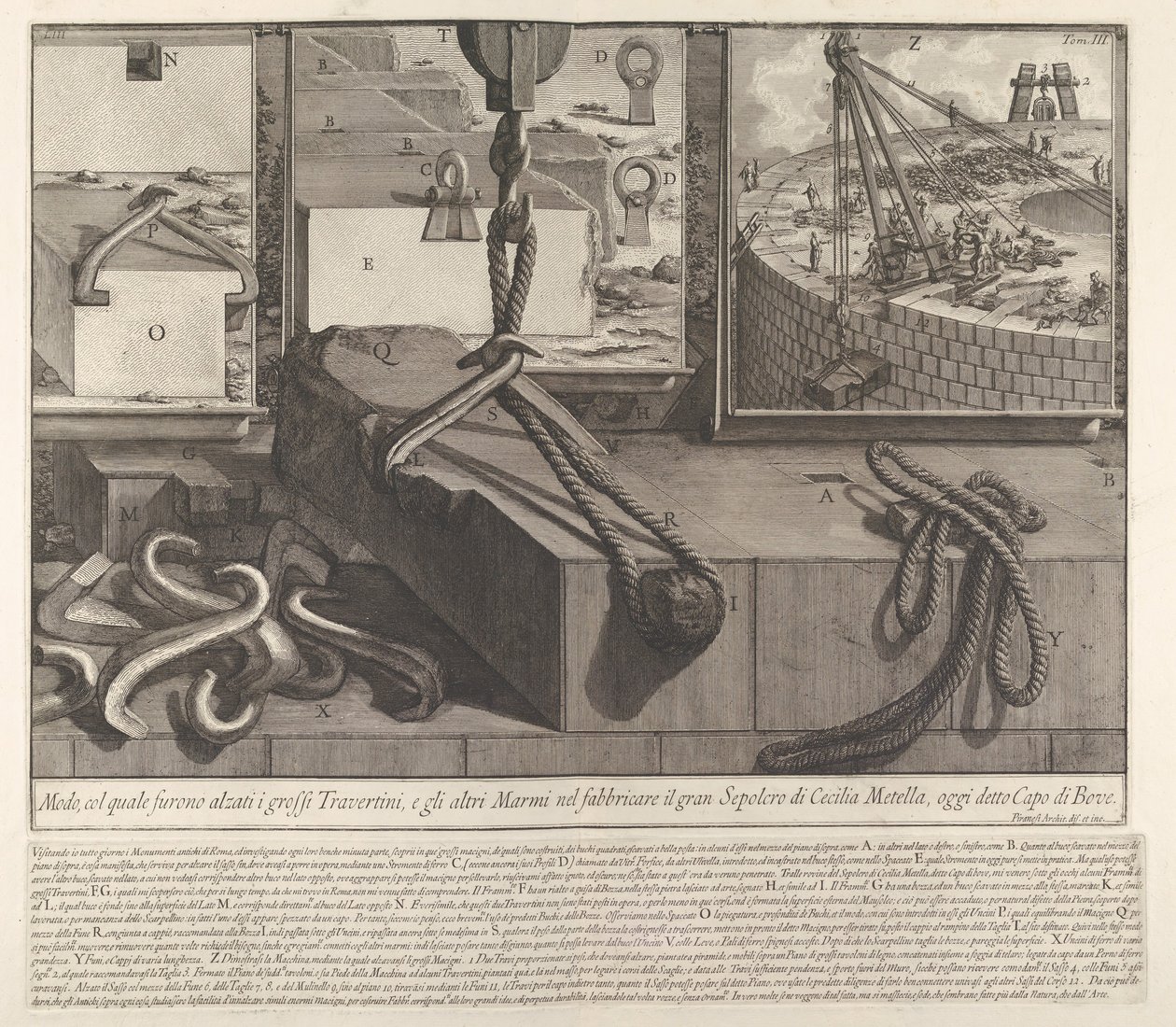 Demonstrationspanel, der viser teknik til at hæve travertin og marmorblokke til kon..., 1756. af Giovanni Battista Piranesi