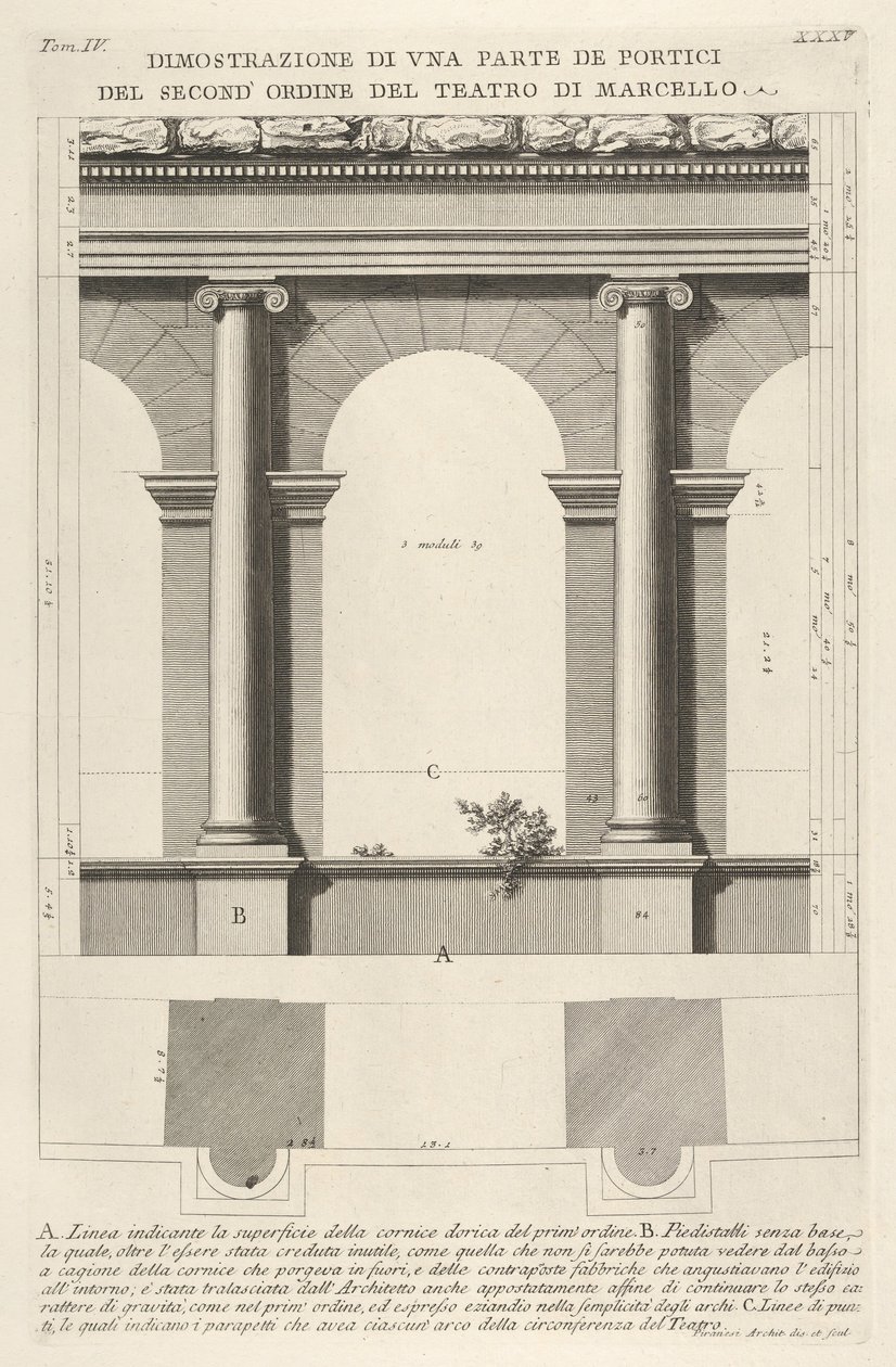 Højde og plan af andenordens portik ved Marcellus Teatro di Marc..., 1756. af Giovanni Battista Piranesi