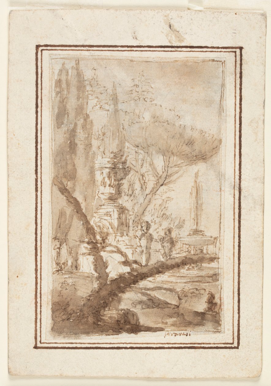 Fantasi om en have med en monumental urne, skulpturer og et springvand af Giovanni Battista Piranesi