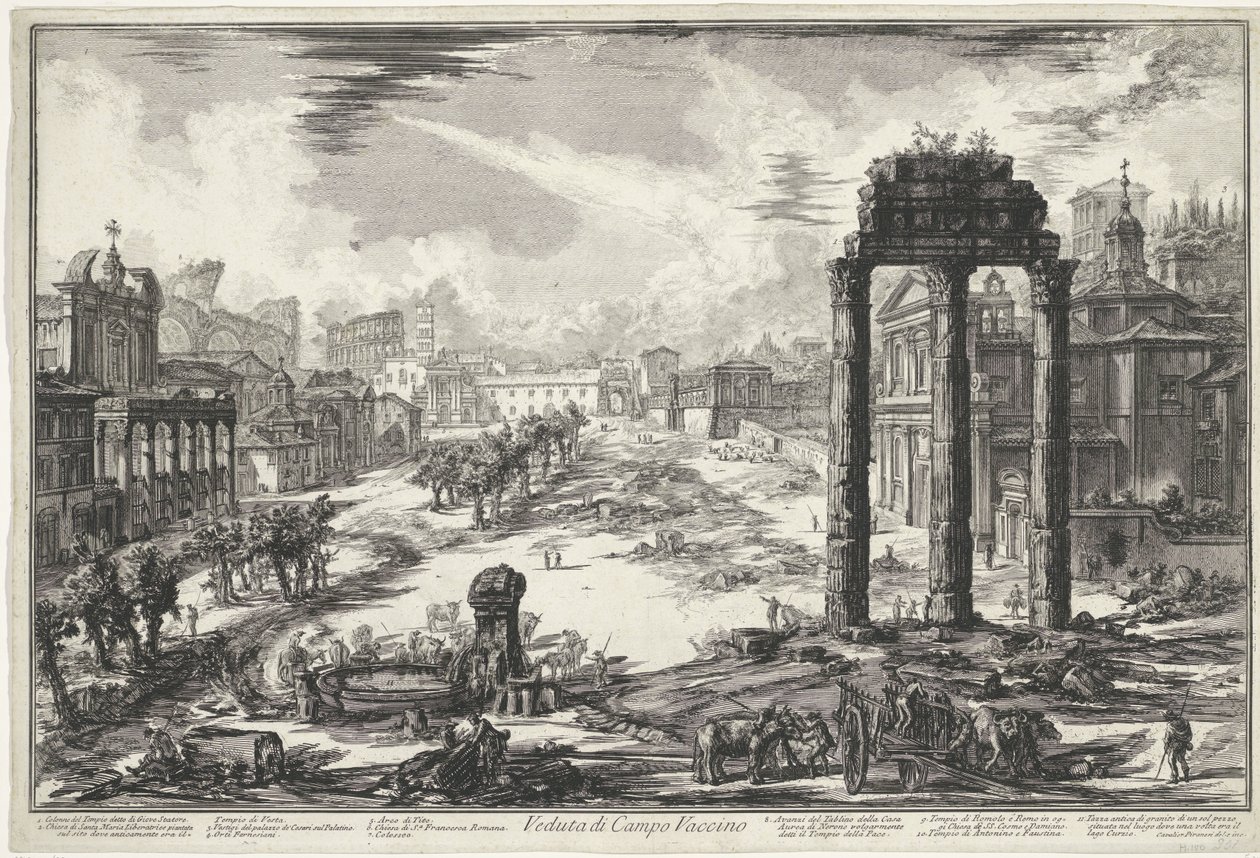 Forum Romanum te Rom Udsigt over Campo Vaccino (titel på objekt) Gezichten op Rom (serietitel) Udsigt over Rom designet og indgraveret af Giambattista Piranesi-arkitekten Ve (nez) iano (serietitel) af Giovanni Battista Piranesi