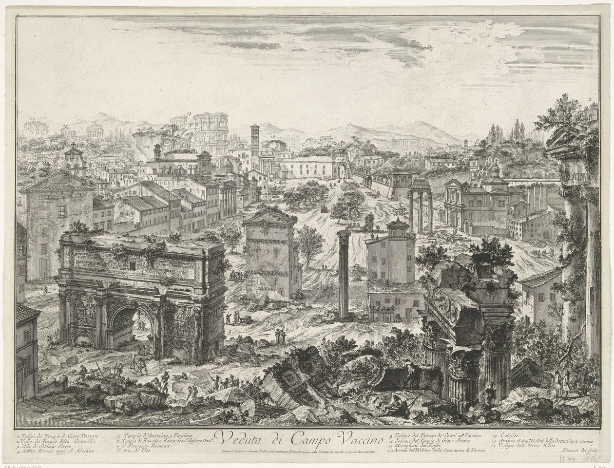 Forum Romanum te Rom Udsigt over Campo Vaccino (titel på objekt) Gezichten op Rom (serietitel) Udsigt over Rom designet og indgraveret af Giambattista Piranesi-arkitekten Ve (nez) iano (serietitel) af Giovanni Battista Piranesi