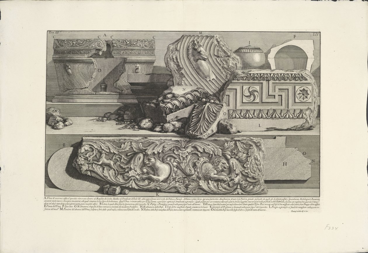 Fragmenter fra Caecilia Metellas grav i Rom Arkæologiske fund i og omkring Rom (serietitel) Le Antichita Romane (serietitel) af Giovanni Battista Piranesi