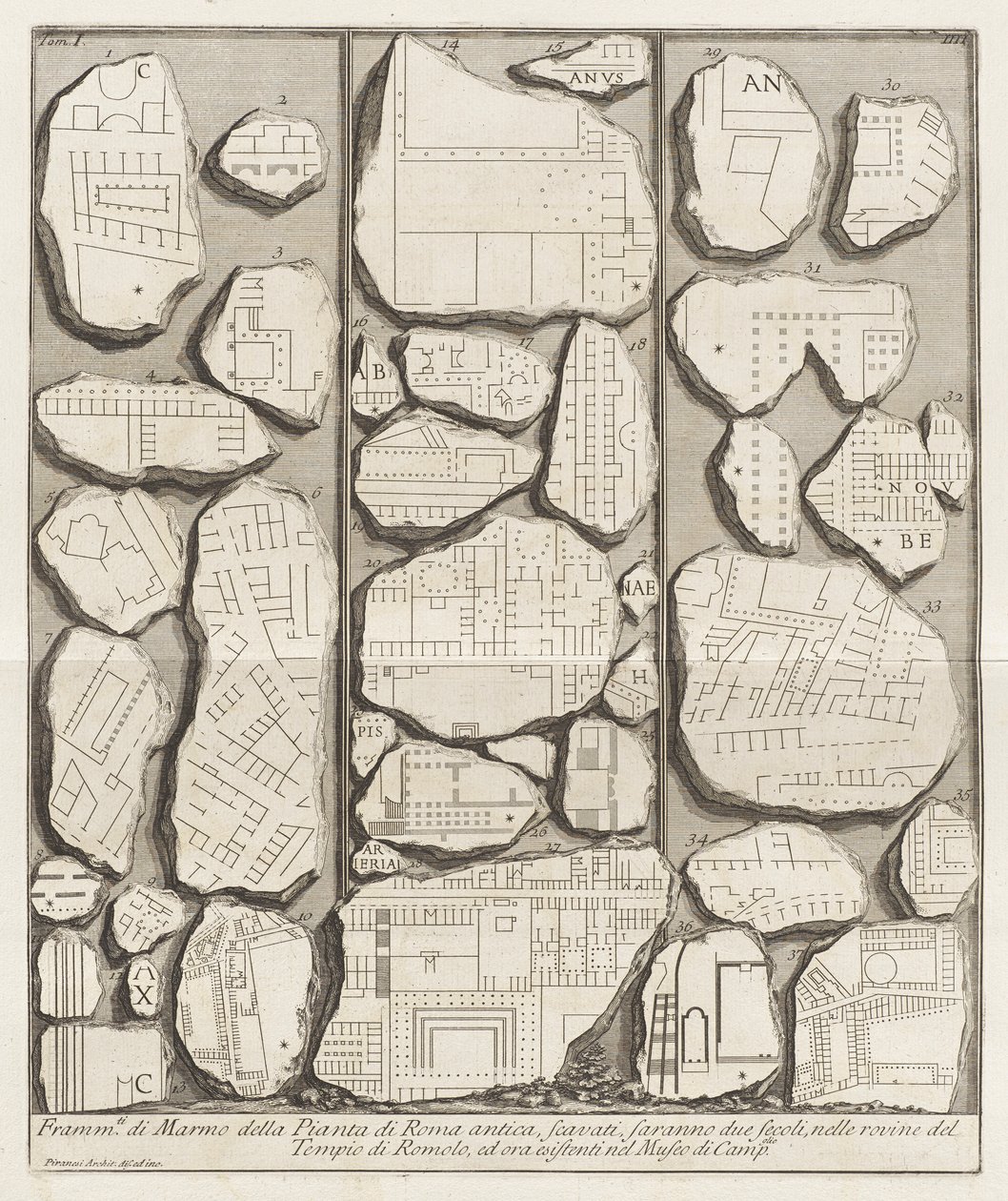 Fragmenter af marmor fra det gamle Roms plan af Giovanni Battista Piranesi