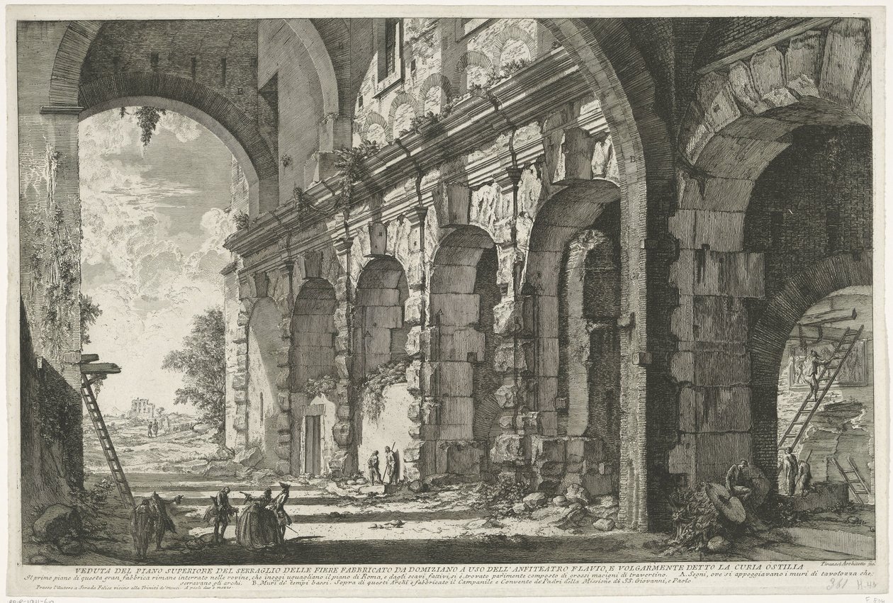 Fundering af de Santi Giovanni og Paolo te Rom Udsigt over den øverste etage af Serraglio delle Fiere bygget af Domitian til brug for det flaviske amfiteater og almindeligvis kendt som Curia Ostilia (titel på objektet) Gezichten op Rom (serietitel) Udsigt  af Giovanni Battista Piranesi