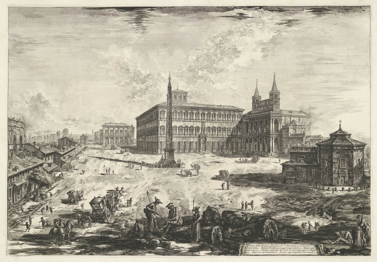 Gezicht op het Lateraan te Rom met de Sint-Jan van Lateranen Udsigt over Piazzaen og Basilica of S. Giovanni in Laterano (titel på objektet) Gezichten op Rom (serietitel) Udsigt over Rom designet og indgraveret af Giambattista Piranesi-arkitekten Ve (nez)  af Giovanni Battista Piranesi