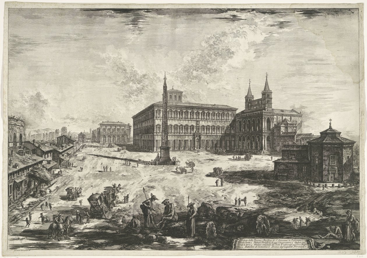 Gezicht op het Lateraan te Rom met de Sint-Jan van Lateranen Udsigt over Piazzaen og Basilica of S. Giovanni in Laterano (titel på objektet) Gezichten op Rom (serietitel) Udsigt over Rom designet og indgraveret af Giambattista Piranesi-arkitekten Ve (nez)  af Giovanni Battista Piranesi