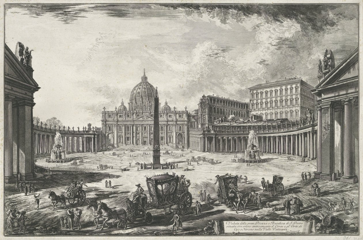 Udsigt over Peterspladsen med Peterskirken i Vatikanstaten Veduta della gran Piazza e Basilica di S. Pietr (...) (titel på objektet) Udsigt over Rom (serietitel) Vedute di Roma disegnate ed incise da Giambattista Piranesi architetto af Giovanni Battista Piranesi