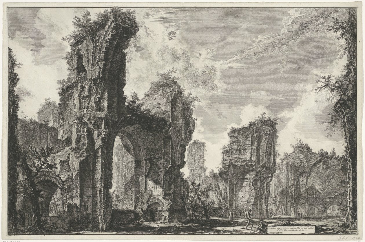 Gezichten op Rom, de Campagna osv. (122 blade) Ruinerne af Sisto eller begge dele af den store sal i Antoninian Baths (titel på objektet) Gezichten op Rom (serietitel) Udsigt over Rom designet og indgraveret af Giambattista Piranesi-arkitekten Ve (nez) ian af Giovanni Battista Piranesi
