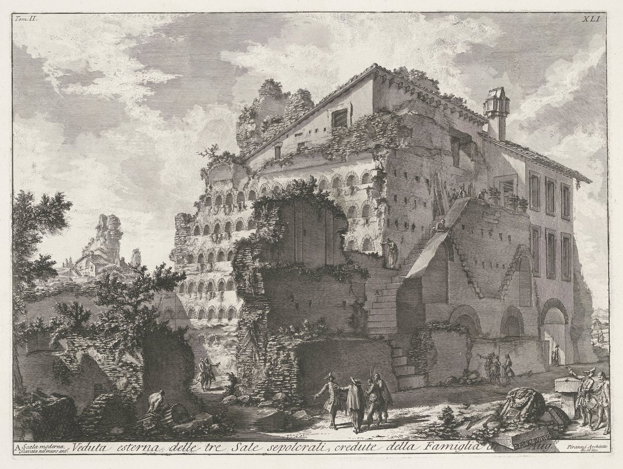Graftombe van familie van keizer Augustus Udvendigt billede af de tre gravrum, menes at tilhøre Aug.to-familien (titel på objektet) Archeologische vondsten in en rond Rome (serietitel) Romerske antikviteter (serietitel) af Giovanni Battista Piranesi