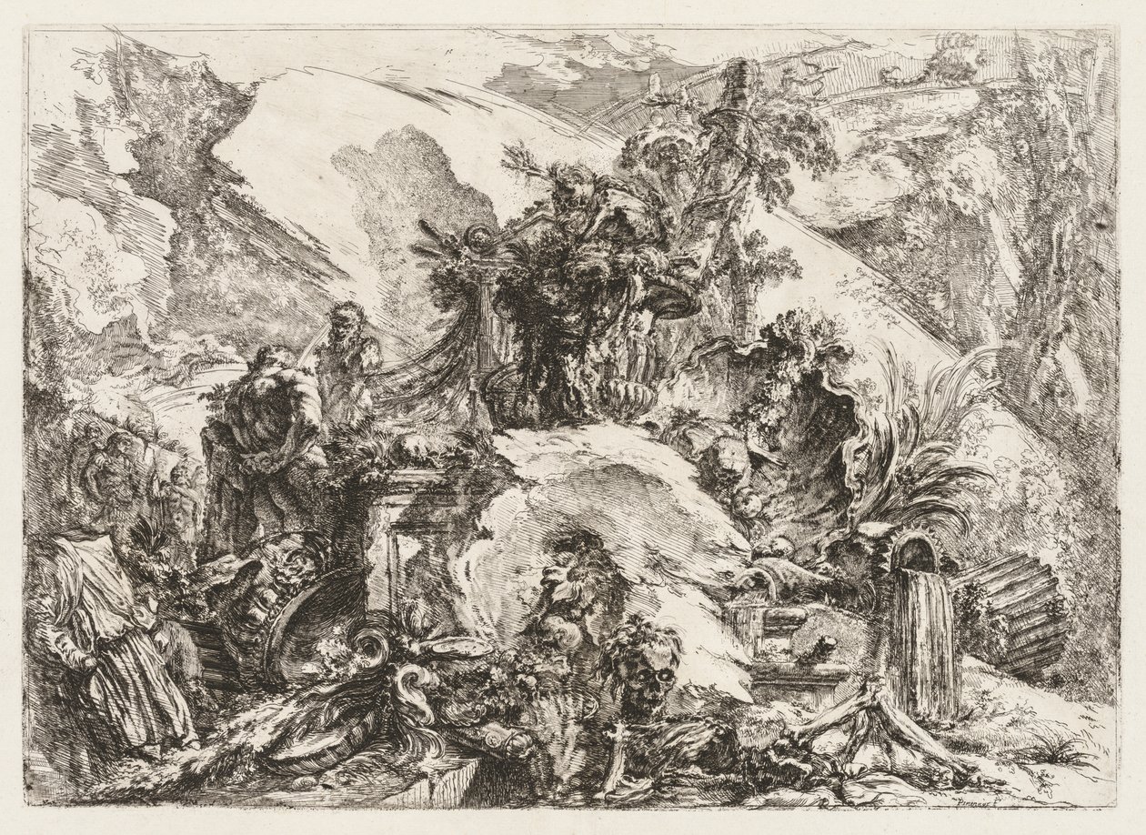 Groteschi: Ruiner med dødens hoved og skelet af Giovanni Battista Piranesi