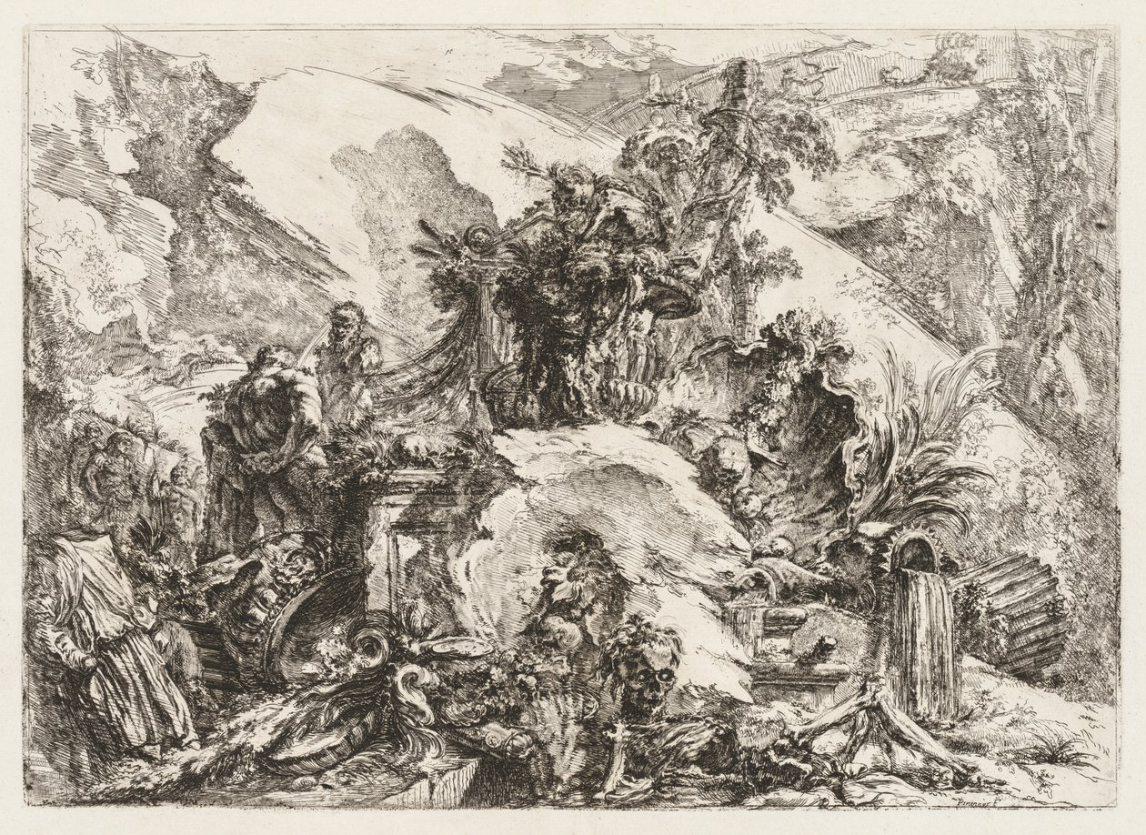 Groteschi: Ruiner med dødshoved og skelet. af Giovanni Battista Piranesi