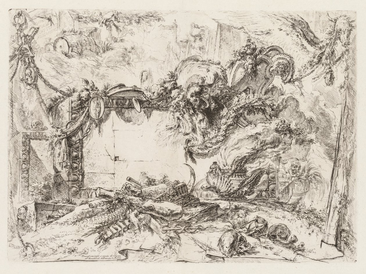 Groteschi: Ruiner med kranier og en rygende vase, ca. 1745-50. af Giovanni Battista Piranesi