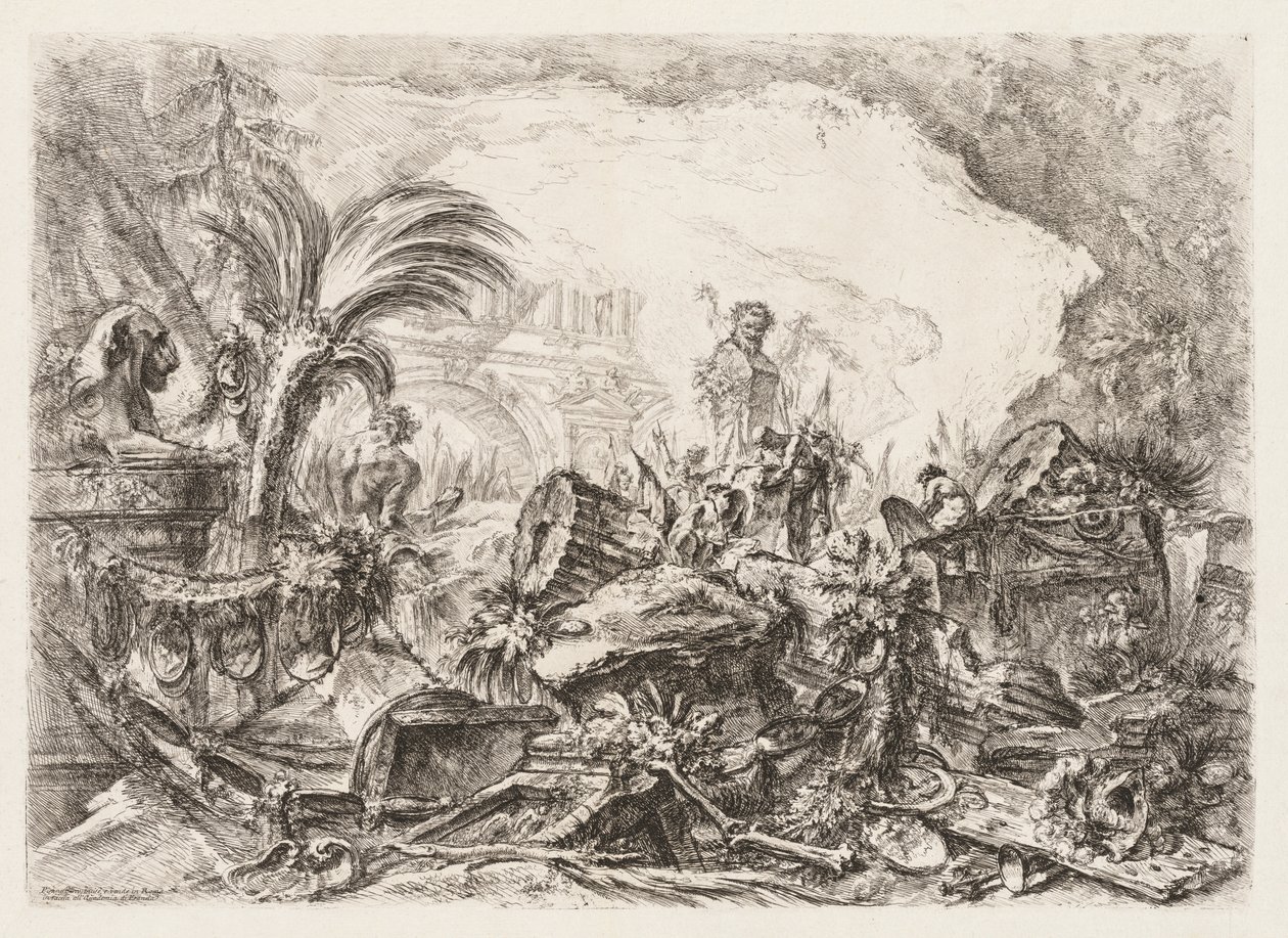 Groteschi: Ruiner med en statue af en faun og en falden søjle, ca. 1745-50. af Giovanni Battista Piranesi