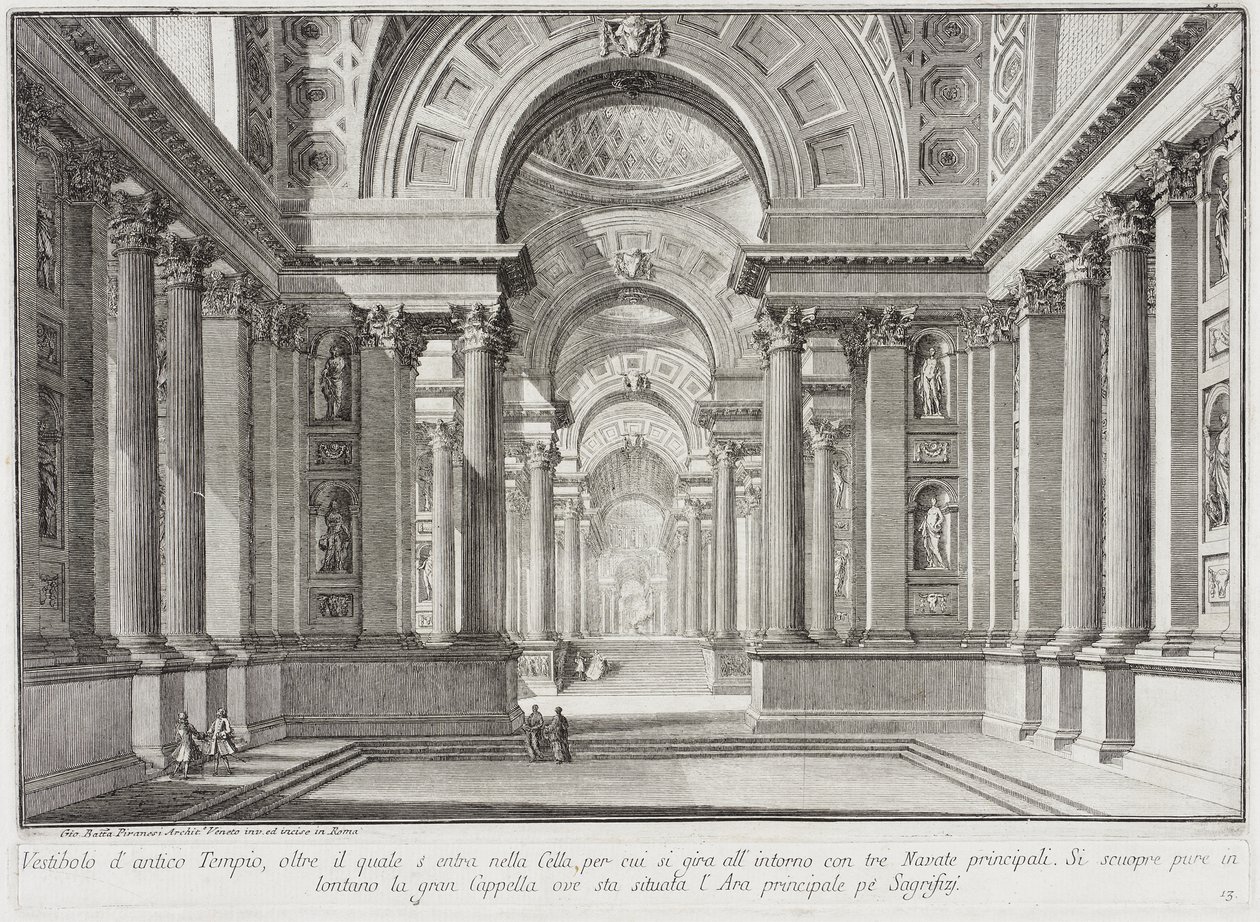 Et fiktivt gammelt tempel, udformet i stil med de templer, der blev opført til ære for gudinden Vesta: I midten står det store alter, hvorpå vestalinderne bevarede den uudslukkelige hellige ild... af Giovanni Battista Piranesi