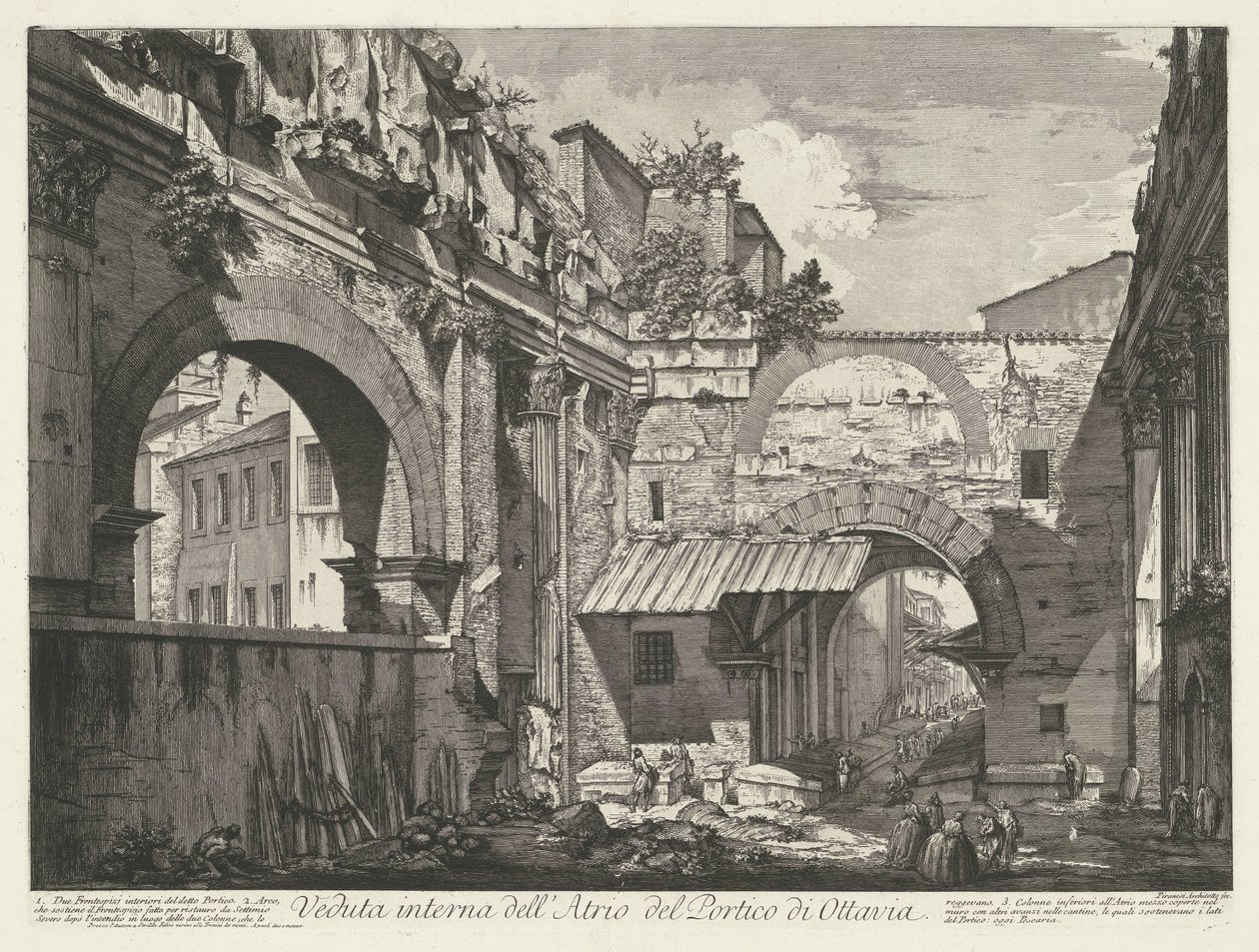 Interieur van de Porticus van Octavia te Rom Indvendigt billede af Atrium i Portico of Octavia (titel på objekt) Gezichten op Rom (serietitel) Udsigt over Rom designet og indgraveret af Giambattista Piranesi-arkitekten Ve (nez) iano (serietitel) af Giovanni Battista Piranesi