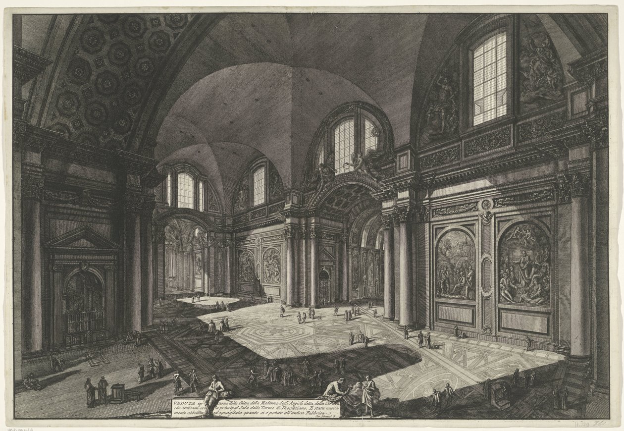 Interieur van de Santa Maria degli Angeli og dei Martiri i Rom Indvendigt billede af kirken Madonna degli Anioli della della Certosa, som var gammel og var hovedhallen i Diocletians bade (titel på objektet) Gezichten op Rom (serietitel) af Giovanni Battista Piranesi