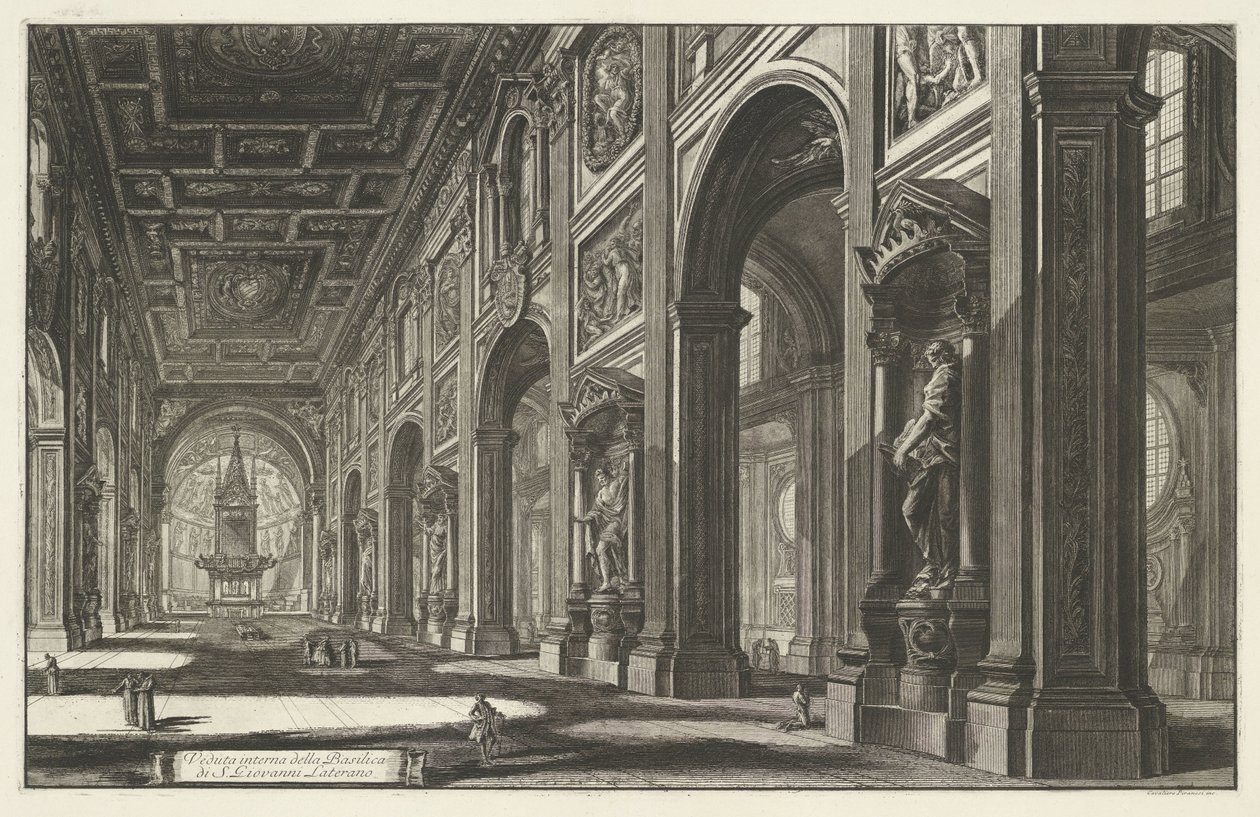 Interieur van de Sint-Jan van Lateranen te Rom Indvendigt billede af basilikaen S. Giovanni Laterano (titel på objektet) Gezichten op Rom (serietitel) Udsigt over Rom designet og indgraveret af Giambattista Piranesi-arkitekten Ve (nez) iano (serietitel) af Giovanni Battista Piranesi