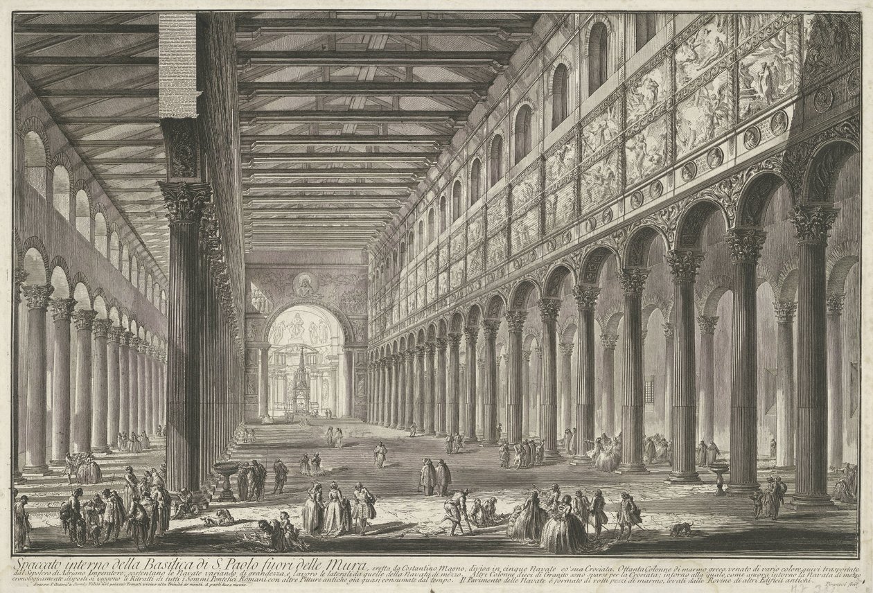 Interieur van de Sint-Paulus uden for Muren i Rom Indvendigt billede af basilikaen S. Paolo fuori delle Mur (...) (titel på objektet) Gezichten op Rom (serietitel) Udsigt over Rom designet og indgraveret af Giambattista Piranesi-arkitekten Ve (nez) iano af Giovanni Battista Piranesi