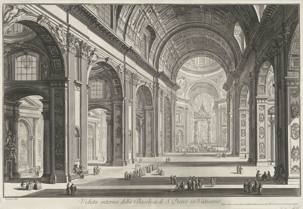Interieur van de Sint-Pietersbasiliek te Vaticaanstad Indvendigt billede af Peterskirken i Vatikanet (titel på objektet) Gezichten op Rom (serietitel) Udsigt over Rom designet og indgraveret af Giambattista Piranesi-arkitekten Ve (nez) iano (serie ti af Giovanni Battista Piranesi