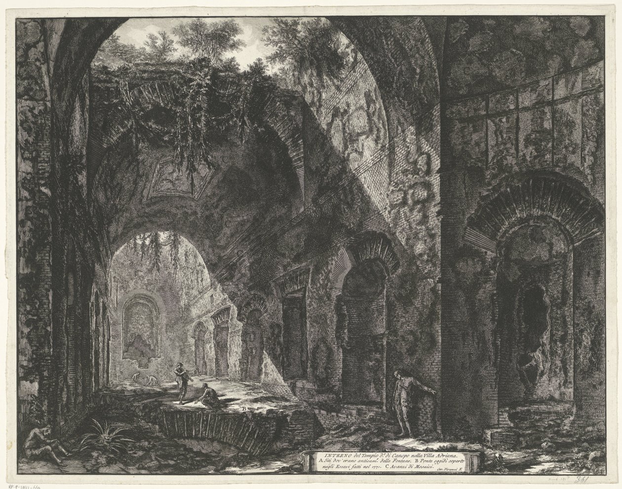 Interieur van de Tempel van de god Canopus i de Villa Adriana t og Tivoli Interiør af Canopus-templet i Villa Adriana (titel på objekt) Gezichten op Rom (serietitel) Udsigt over Rom designet og indgraveret af Giambattista Piranesi-arkitekten Ve (ne af Giovanni Battista Piranesi