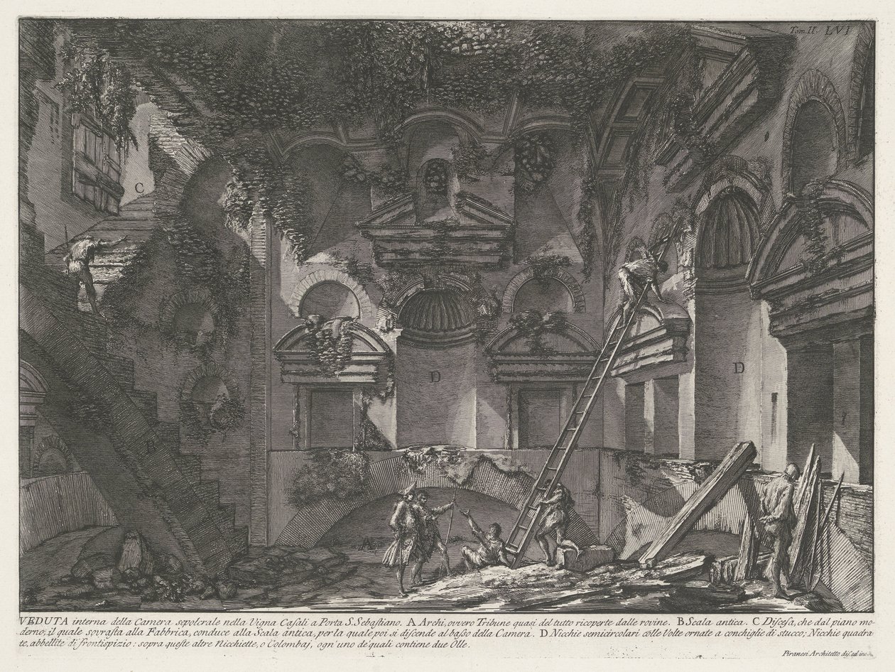 Interiør af graftombe hos Vigna Casali Indvendigt billede af gravkammeret i Casali-vingården i Porta S. Sebastiano (titel på objektet) Archeologische vondsten in en rond Rome (serietitel) Romerske antikviteter (serietitel) af Giovanni Battista Piranesi