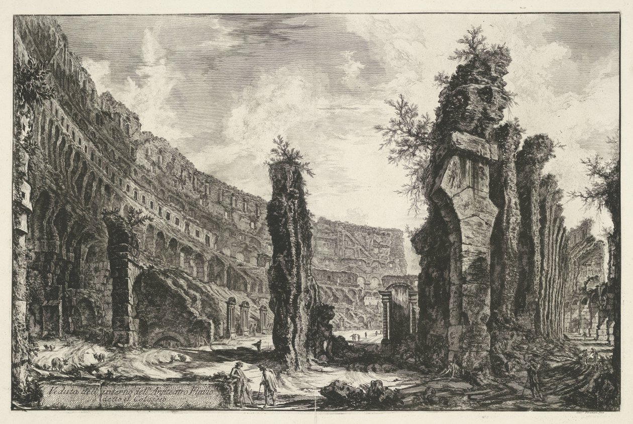 Interieur fra Colosseum te Rom Udsigt over det indre af det flaviske amfiteater kendt som Colosseum (titel på objektet) Gezichten op Rom (serietitel) Udsigt over Rom designet og indgraveret af Giambattista Piranesi-arkitekten Ve (nez) iano (serietitel) af Giovanni Battista Piranesi