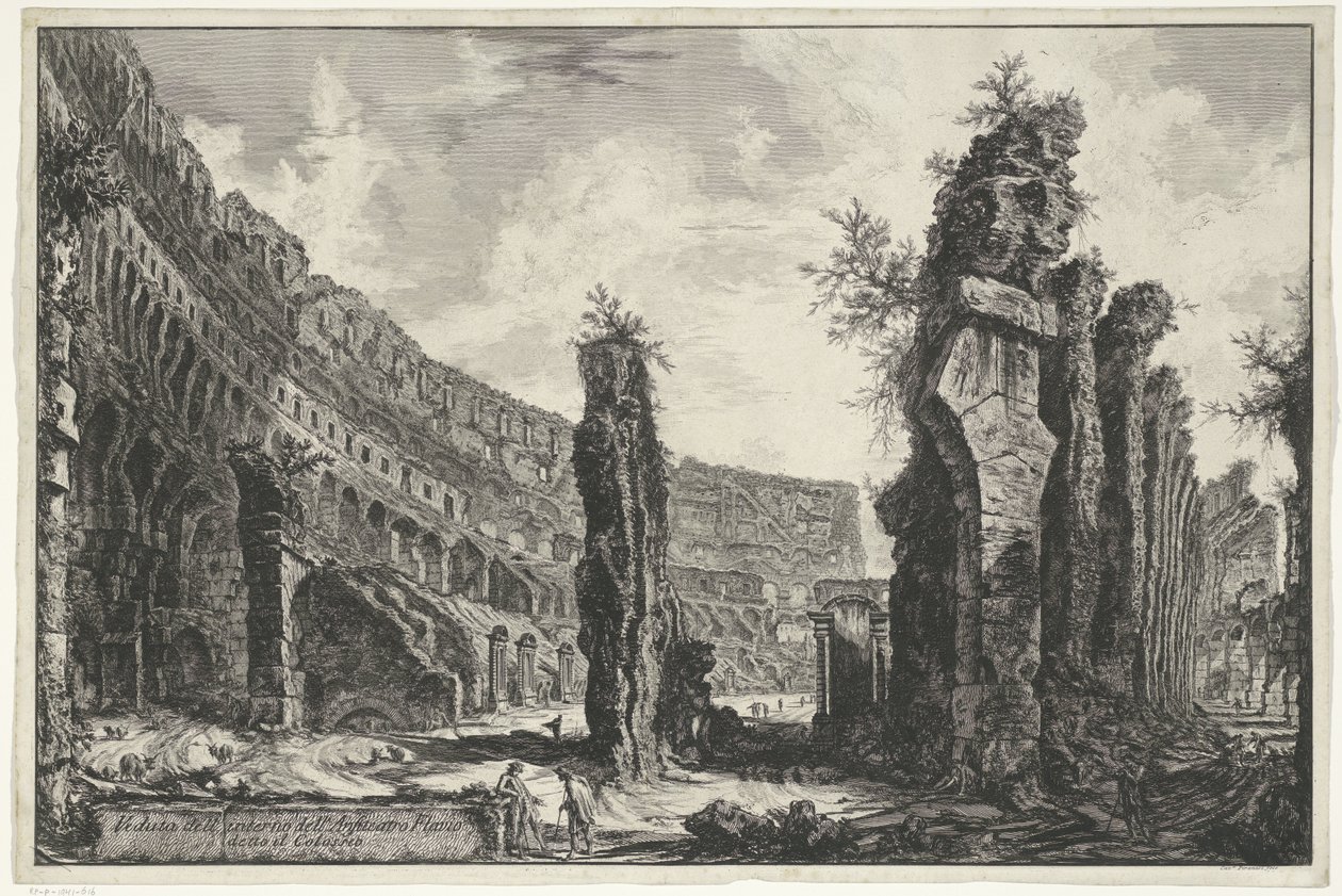 Interieur af Colosseum te Rom Udsigt over det indre af det flaviske amfiteater kendt som Colosseum (titel på objektet) Gezichten op Rom (serietitel) Udsigt over Rom designet og indgraveret af Giambattista Piranesi-arkitekten Ve (nez) iano (serietitel) af Giovanni Battista Piranesi