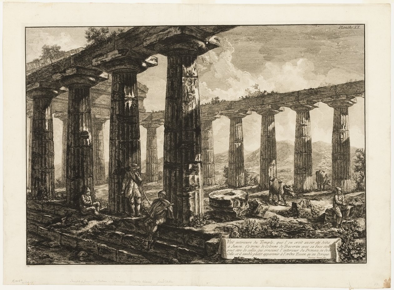 Indvendig udsigt over templet, der menes at være dedikeret til Juno, fra forskellige udsigter over Paestum af Giovanni Battista Piranesi