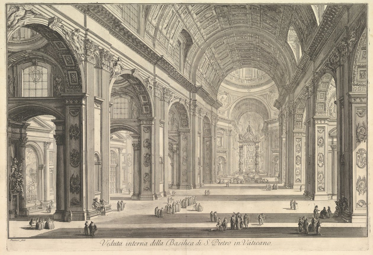 Indvendig udsigt af St. Peters Basilica i Vatikanet, fra Vedute di Roma Roman Views, ca. 1748. af Giovanni Battista Piranesi