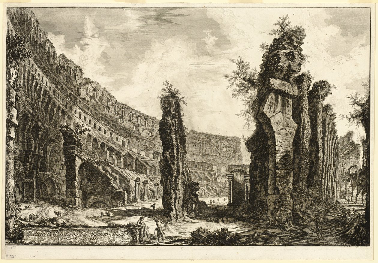 Indvendigt udsigt over det flaviske amfiteater, kaldet Colosseum, fra udsigt over Rom af Giovanni Battista Piranesi