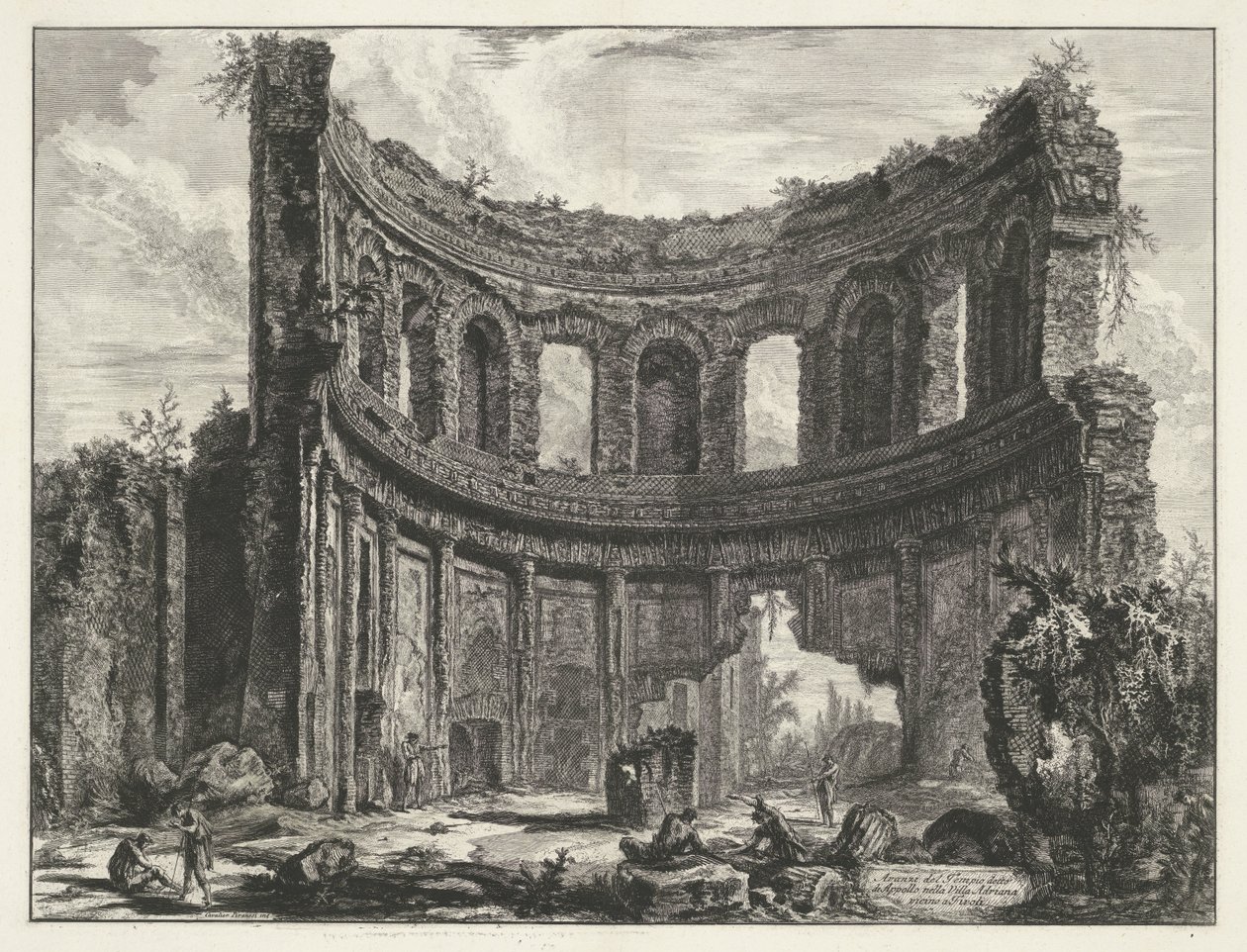 Kleine paleis i Villa Adriana t og Tivoli Rester af templet kaldet Appollo i Hadrians villa nær Tivoli (titel på objektet) Gezichten op Rom (serietitel) Udsigt over Rom designet og indgraveret af Giambattista Piranesi-arkitekten Ve (nez) iano (series af Giovanni Battista Piranesi