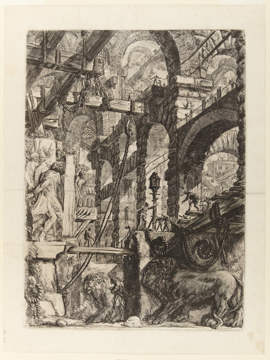 Opfindelsens fængsler, planche V: Løvens Bas-Reliefs af Giovanni Battista Piranesi