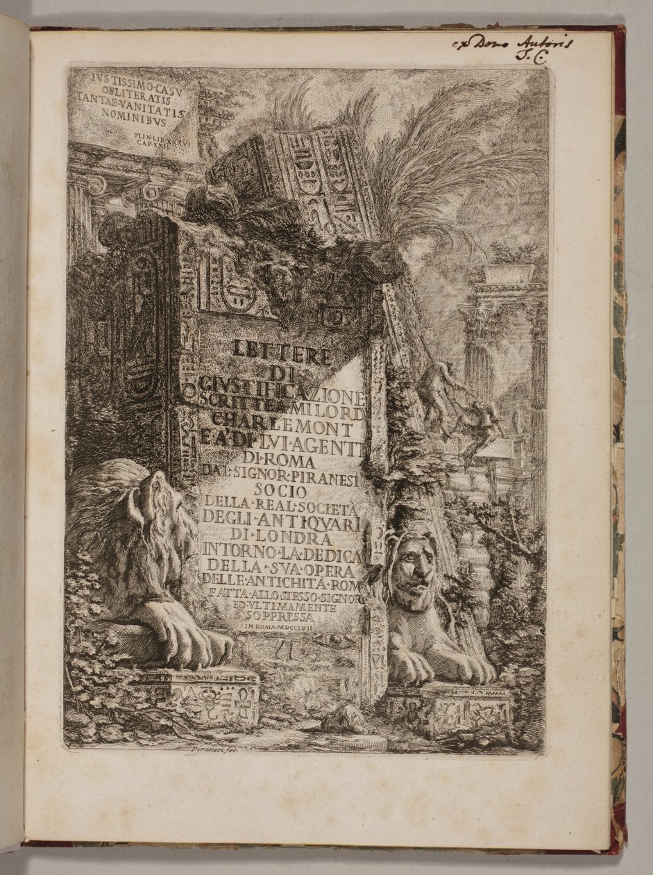 Berettigelsesbreve skrevet til Milord Charlemont og hans agenter i Rom ... omkring indvielsen af ​​hans værk af Rom Antiquities [ane] lavet til den samme herre og for nylig undertrykt af Giovanni Battista Piranesi