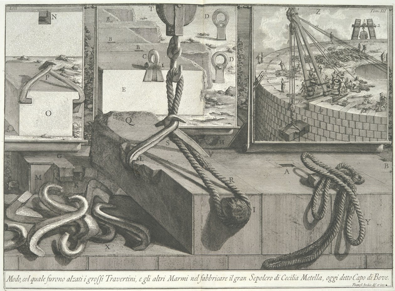 Midler, hvorved de store blokke af travertin og marmor blev løftet..., 1756-57. af Giovanni Battista Piranesi