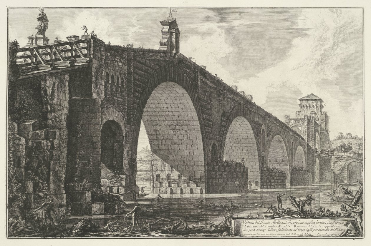 Milvische brug te Rom Udsigt over Ponte Molle over Tiberen to miles væk fra Rom (titel på objektet) Gezichten op Rom (serietitel) Udsigt over Rom designet og indgraveret af Giambattista Piranesi-arkitekten Ve (nez) iano (serietitel) af Giovanni Battista Piranesi