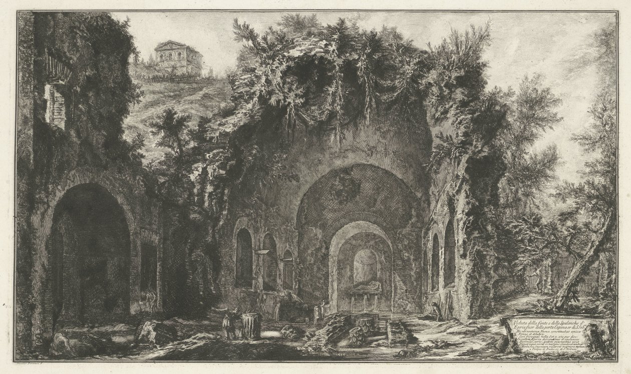 Nymphaeum van Egeria i Rom Udsigt over kilden og Egyptens huler uden for Porta Capena eller di S. Seb.no (...) (titel på objektet) Gezichten op Rom (serietitel) Udsigt over Rom designet og indgraveret af Giambattista Piranesi-arkitekten Ve (nez) bl.a af Giovanni Battista Piranesi