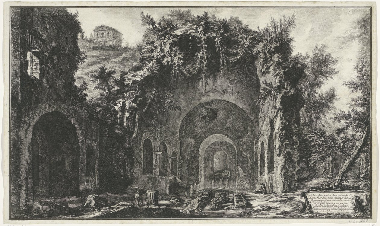 Nymphaeum van Egeria i Rom Udsigt over kilden og Egyptens huler uden for Porta Capena eller di S. Seb.n (...) (titel på objekt) Gezichten op Rom (serietitel) Udsigt over Rom designet og indgraveret af Giambattista Piranesi-arkitekten Ve (nez) ian af Giovanni Battista Piranesi