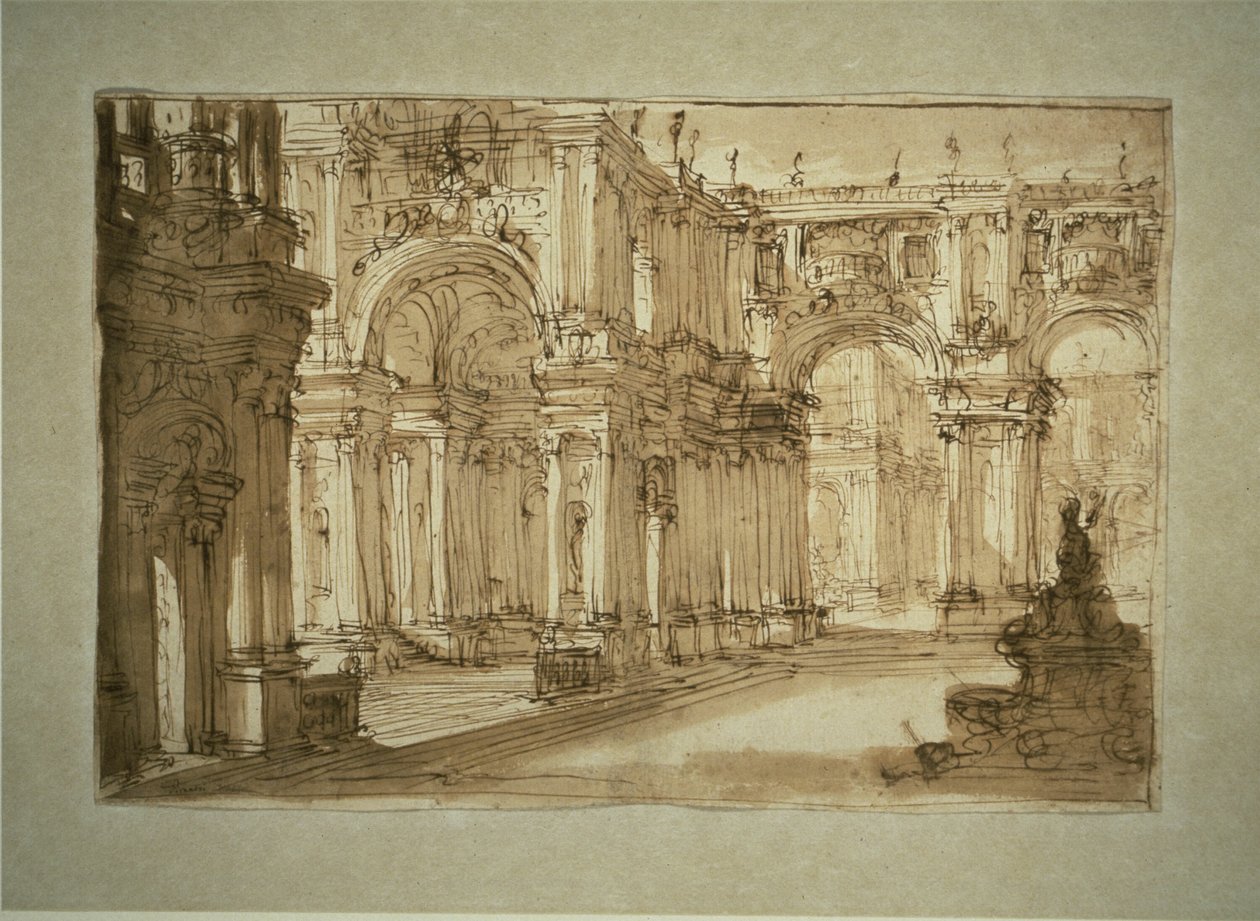 Palatslig gårdhave med springvand af Giovanni Battista Piranesi