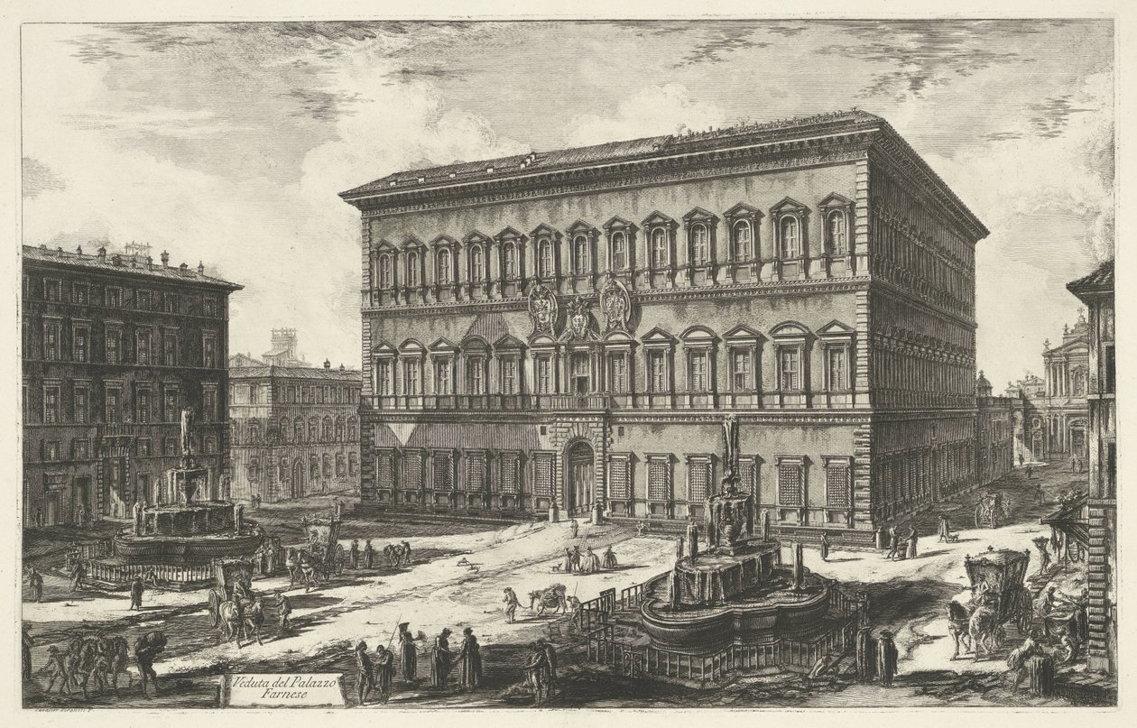 Palazzo Farnese i Rom Udsigt over Palazzo Farnese (titel på objekt) Gezichten op Rom (serietitel) Udsigt over Rom designet og indgraveret af Giambattista Piranesi-arkitekten Ve (nez) iano (serietitel) af Giovanni Battista Piranesi