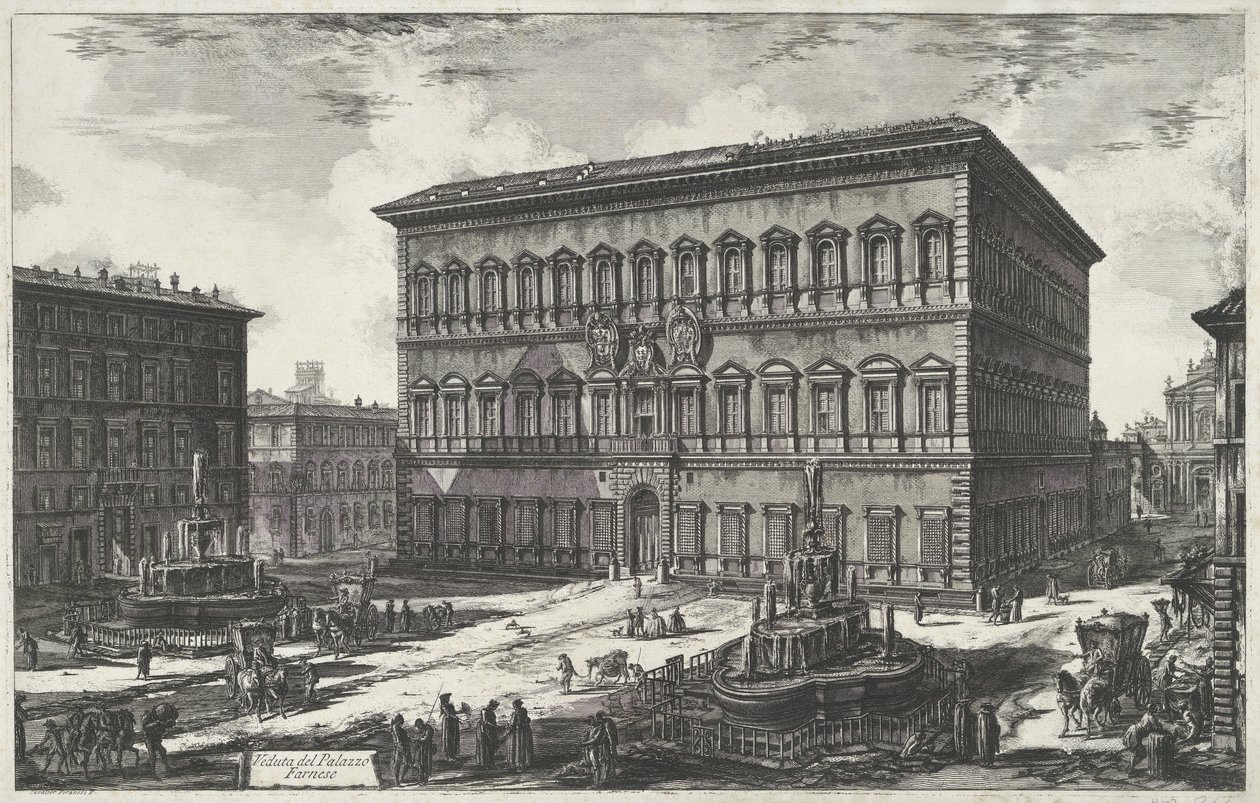 Palazzo Farnese i Rom Udsigt over Palazzo Farnese (titel på objekt) Gezichten op Rom (serietitel) Udsigt over Rom designet og indgraveret af Giambattista Piranesi-arkitekten Ve (nez) iano (serietitel) af Giovanni Battista Piranesi