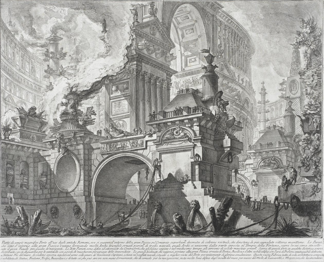 En del af en rummelig og storslået havn til brug for de gamle romere, der åbner ud til en stor markedsplads, 1761-80 af Giovanni Battista Piranesi