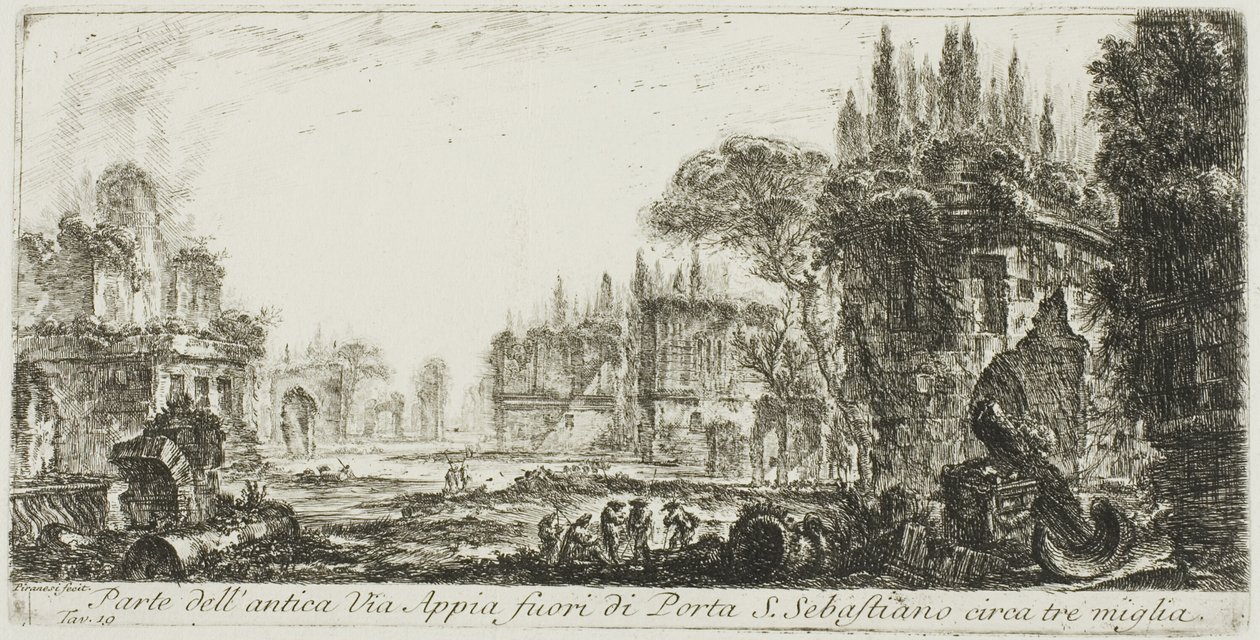 En del af den antikke Appian Way omkring tre miles uden for Porta S. Sebastiano, plade 19 fra Some Views of Triumphal Arches og andre monumenter af Giovanni Battista Piranesi