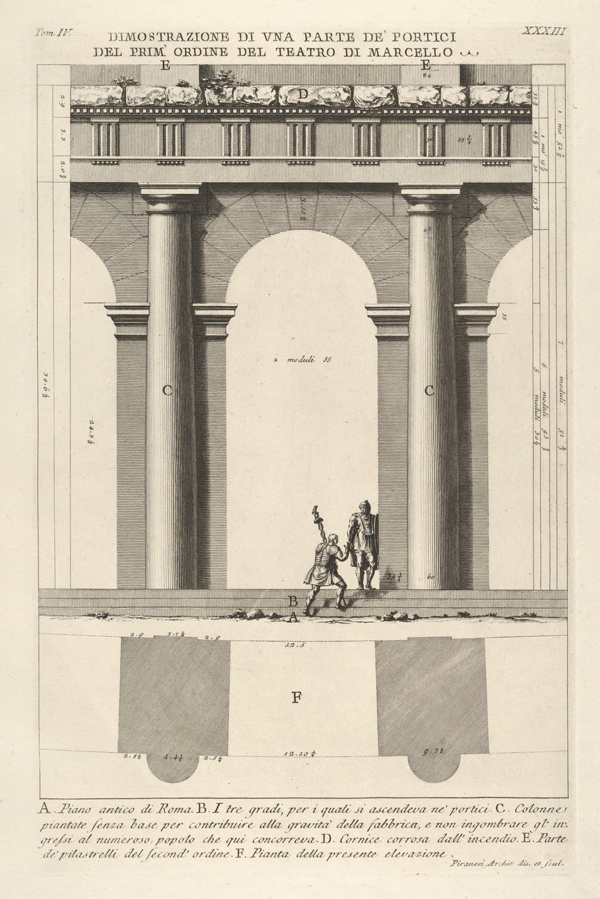 Delvis forhøjning og plan af førsteordens portiko ved Marcellus Dimostr...-teatret, 1756. af Giovanni Battista Piranesi