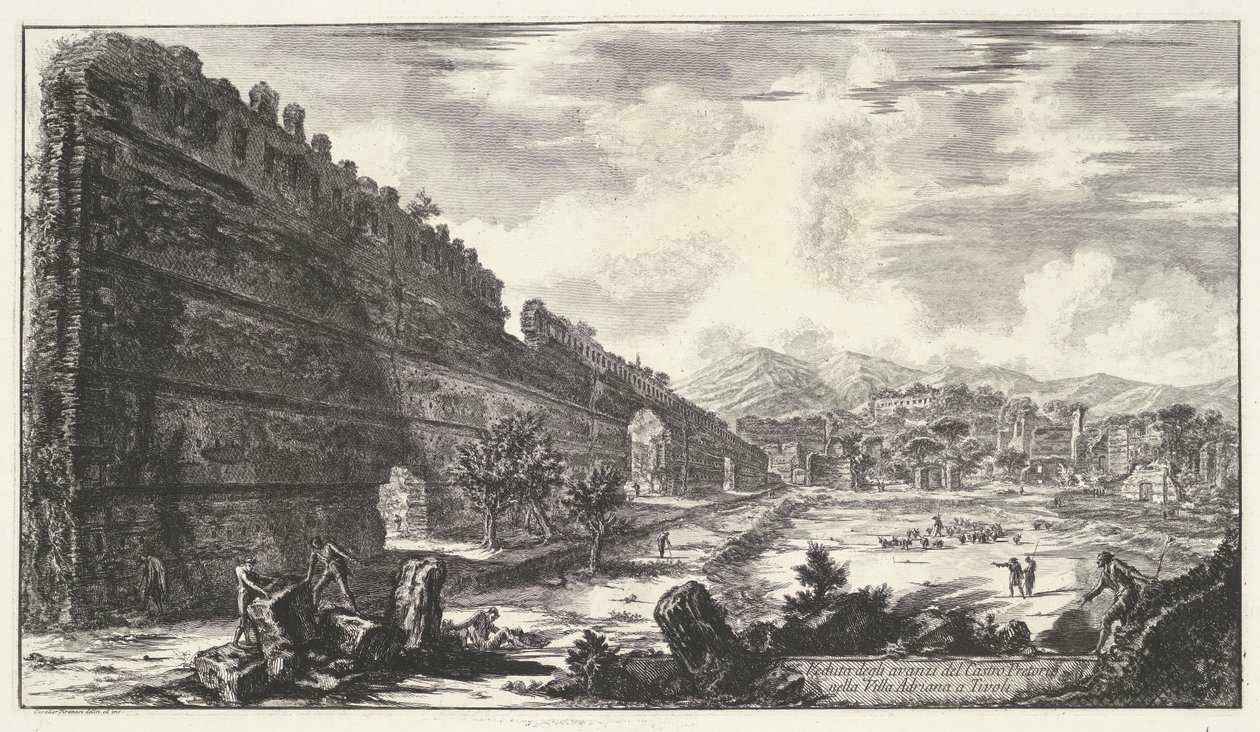 Pecile i Villa Adriana t og Tivoli Udsigt over resterne af Castro Pretorio i Villa Adriana i Tivoli (titel på objektet) Gezichten op Rom (serietitel) Udsigt over Rom designet og indgraveret af Giambattista Piranesi-arkitekten Ve (nez) iano (serietitel af Giovanni Battista Piranesi