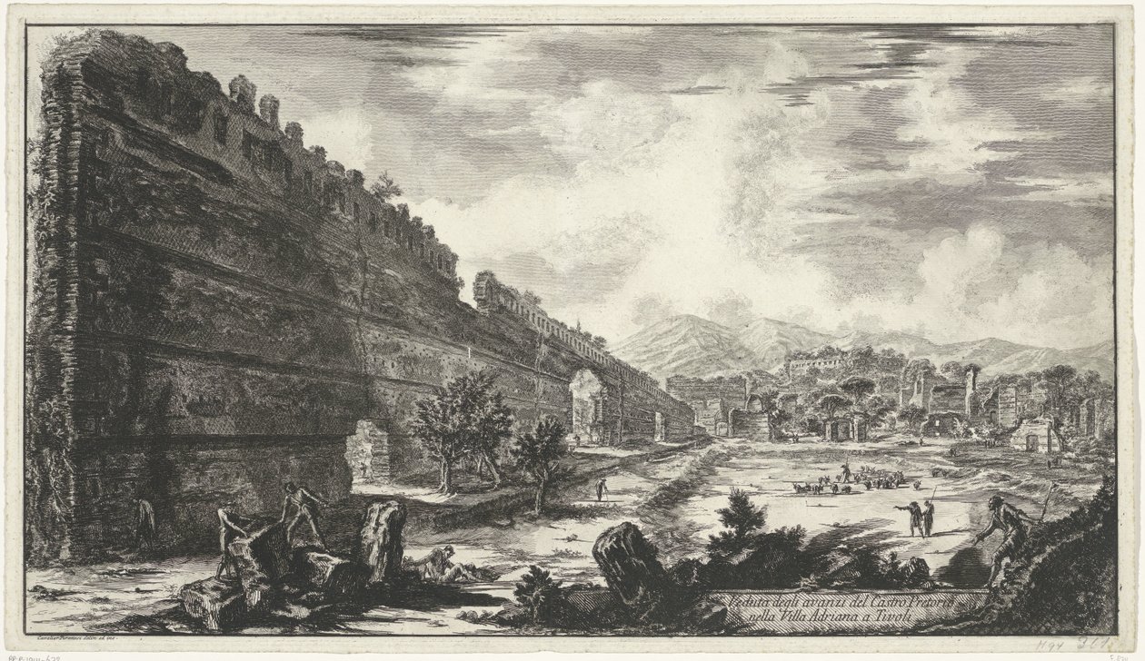 Pecile in de Villa Adriana t og Tivoli Udsigt over resterne af Castro Pretorio i Villa Adriana i Tivoli (titel på objektet) Gezichten op Rom (serietitel) Udsigt over Rom designet og indgraveret af Giambattista Piranesi-arkitekten Ve (nez) iano (serietitel af Giovanni Battista Piranesi