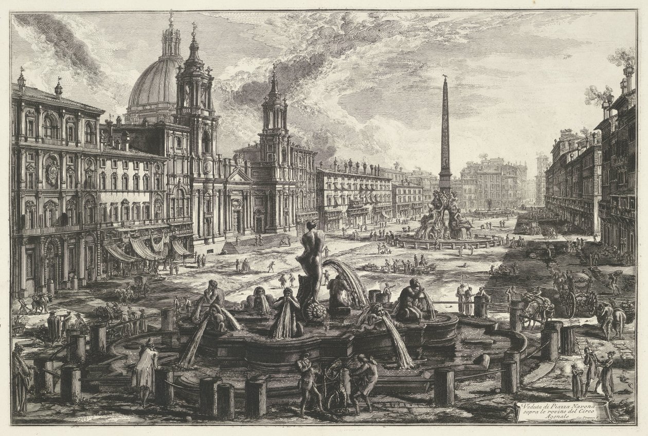 Piazza Navona te Rom Udsigt over Piazza Navona over ruinerne af Agonal Circus (titel på objekt) Gezichten op Rom (serietitel) Udsigt over Rom designet og indgraveret af Giambattista Piranesi-arkitekten Ve (nez) iano (serietitel) af Giovanni Battista Piranesi