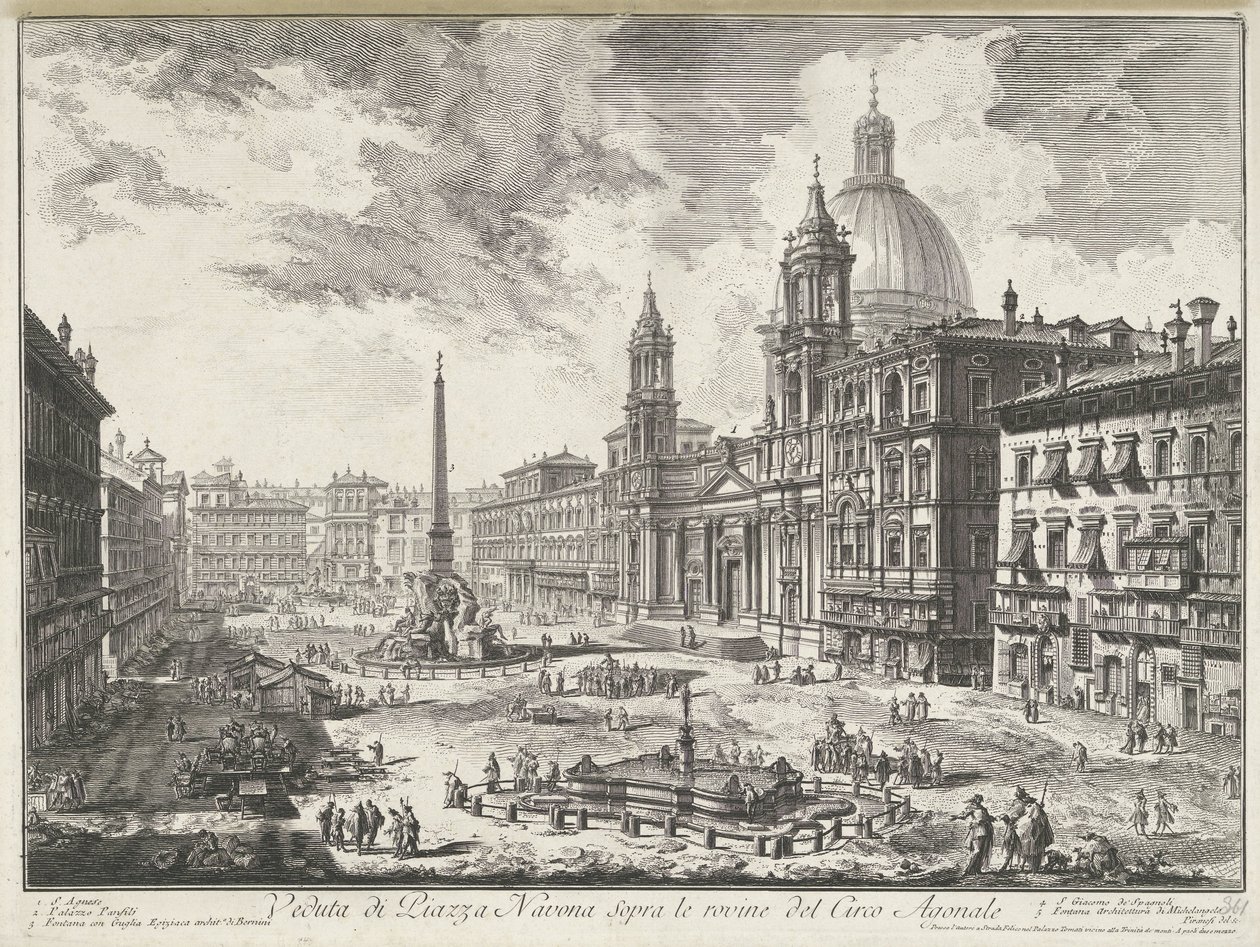 Piazza Navona te Rom Udsigt over Piazza Navona over ruinerne af Agonal Circus (titel på objekt) Gezichten op Rom (serietitel) Udsigt over Rom designet og indgraveret af Giambattista Piranesi-arkitekten Ve (nez) iano (serietitel) af Giovanni Battista Piranesi