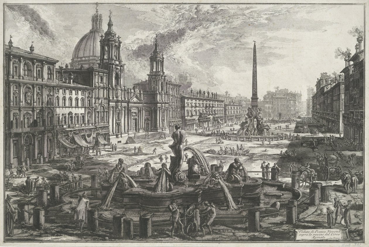 Piazza Navona i Rom Udsigt over Piazza Navona over ruinerne af Agonal Circus (titel på objekt) Gezichten op Rom (serietitel) Udsigt over Rom designet og indgraveret af Giambattista Piranesi-arkitekten Ve (nez) iano (serietitel) af Giovanni Battista Piranesi