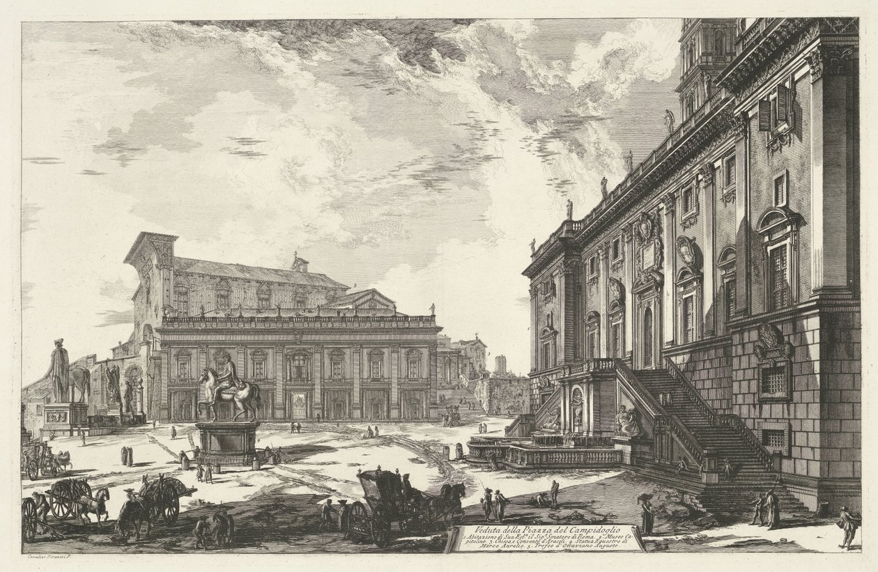 Piazza del Campidoglio i Rom Udsigt over Piazza del Campidoglio (titel på objekt) Gezichten op Rom (serietitel) Udsigt over Rom designet og indgraveret af Giambattista Piranesi-arkitekten Ve (nez) iano (serietitel) af Giovanni Battista Piranesi